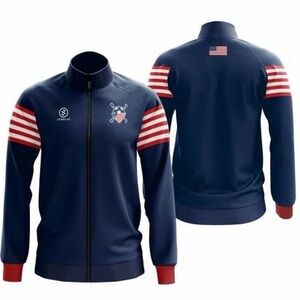 Blue and Red Varsity Bomber Jacket with Striped Sleeves